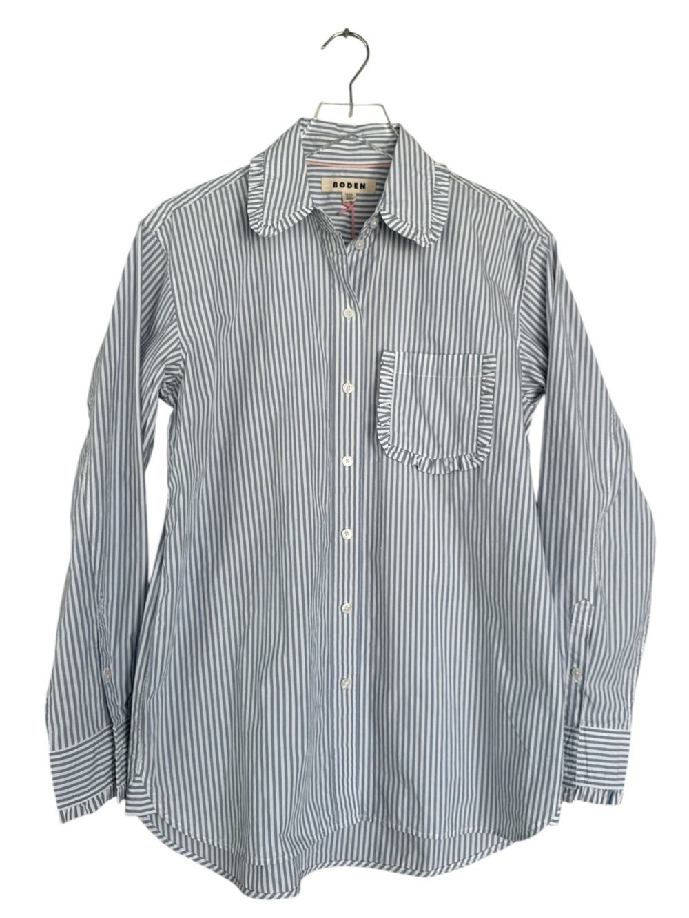 Boden Sadie Relaxed Cotton Shirt NWT Blue & White Stripe Ruffle Trim Size 6